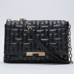 NWT Black Leather Chain Quilted Shoulder Bag w/ Contrast Shoulder Strap | Zara